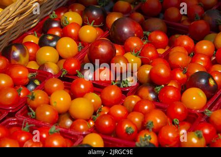 Kirschtomaten zum Verkauf auf einem Markt im Freien Stockfoto