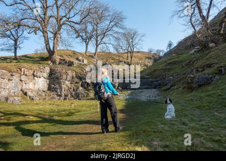 Walker mit Hund, der an einem schönen Tag vom Dorf Conistone in Richtung Conistone Dib läuft, Yorkshire Dales National Park, North Yorkshire, England, Großbritannien Stockfoto