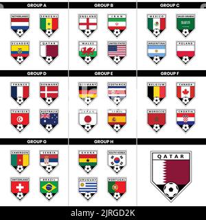 Illustrationen von „Angled Shield Team“-Abzeichen für alle Länder in allen Gruppen vom Fußballturnier Stock Vektor