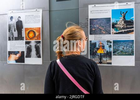 Paris, Frankreich, Frau von hinten, Blick auf Ausstellung, Demonstration der französischen NGO gegen die Kernenergie (Sortir du Nuclear) am Pariser Friedensdenkmal, Fotos der Atombombe von Nagasaki, Plakate an der Wand Stockfoto