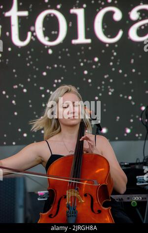 Die Geigerin der Band von Valeria Stoica Live-Konzert beim Hangariada Luftfahrtfestival in Iasi Stockfoto