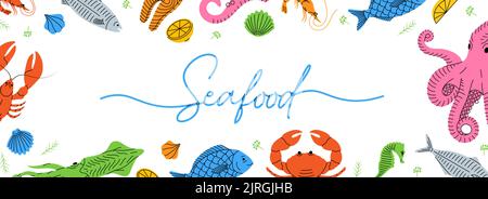 Seafood Skizzen in horizontalem Banner. Meerestier Hintergrund. Vektorgrafik für Meeresfrüchte-Restaurant-Menü. Fische, Hummer, Tintenfisch, Tintenfisch, Krabben. Stock Vektor
