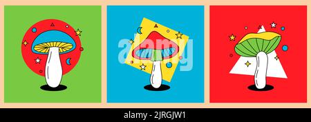 Set mit Pilzsilhouette. Pilzdrucke für T-Shirts oder Aufkleber. Verschiedene Poster mit exotischen Pilzen. Illustration psychedelischer Pilze. Stock Vektor