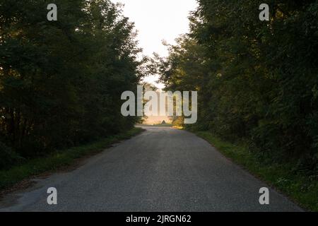 Die Straße, die an der Biegung durch Sonnenlicht beleuchtet wird. Sie vertreten die Inspiration, Gottes Erscheinungen, Aufklärung Stockfoto