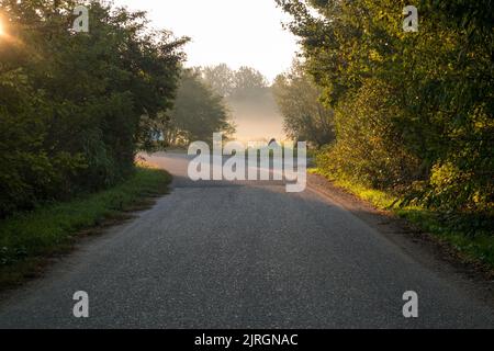 Die Straße, die an der Biegung durch Sonnenlicht beleuchtet wird. Sie vertreten die Inspiration, Gottes Erscheinungen, Aufklärung Stockfoto