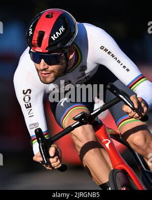 Weimar, Deutschland. 24. August 2022. Radfahren: Deutschland-Rundfahrt, Weimar, 2,6 km, Prolog, Einzelzeitfahren. Filippo Ganna vom Team INEOS Grenadiers gewinnt den Prolog. Quelle: Hendrik Schmidt/dpa/Alamy Live News Stockfoto