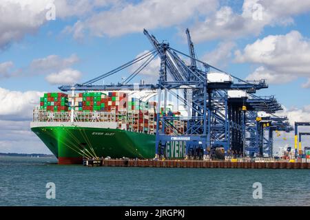 Felixstowe, UK 24 Aug 2022 die ganze Menge liegt an den Felixstowe Docks. Es ist das größte Containerschiff der Welt. Die Hafenarbeiter streiken wegen Lohnproblemen, so dass die Container erst entladen werden können, wenn das Problem gelöst ist. Hudong-Zhonghua Shipbuilding Group Co. (Hudong-Zhonghua), eine Tochtergesellschaft der China State Shipbuilding Corporation (CSSC), baute und lieferte das größte Containerschiff der Welt an die taiwanesische Reederei Evergreen Marine. Das Ever alot Schiff hat eine Tragfähigkeit von 24.004 TEU und misst 400 Meter lang und 61,5 Meter breit, mit einem Tiefgang von 17 Metern. Der Riese Stockfoto