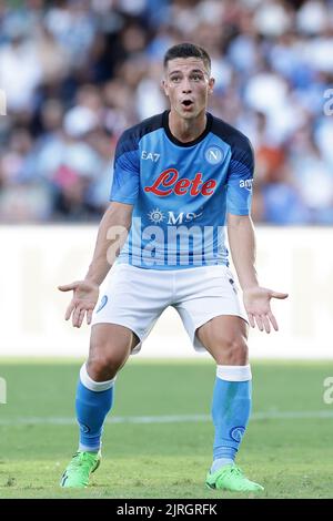 Napoli, Italien. 24. August 2022. Giacomo Raspadori vom SSC Napoli reagiert beim Fußballfreundschaftsspiel zwischen SSC Napoli und SS Juve Stabia im Diego Armando Maradona-Stadion in Napoli (Italien) am 24.. August 2022. Foto Cesare Purini/Insidefoto Kredit: Insidefoto di andrea staccioli/Alamy Live News Stockfoto