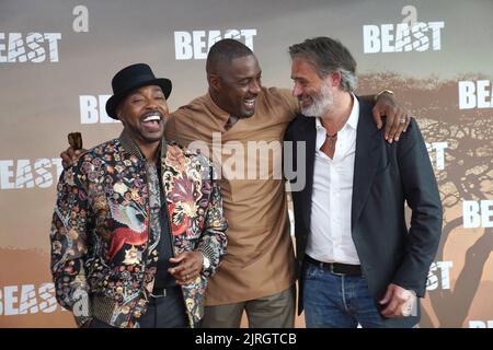 (Von links nach rechts) will Packer, Idris Elba und Baltasar Kormakur kommen zu einer Sondervorführung von Beast im Hackney Picturehaus in London. Bilddatum: Mittwoch, 24. August 2022. Stockfoto