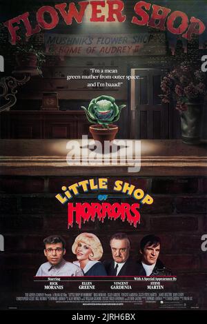 RICK MORANIS, Ellen Greene, VINCENT GARDENIA, Steve Martin, Plakat, LITTLE SHOP von Schrecken, 1986 Stockfoto