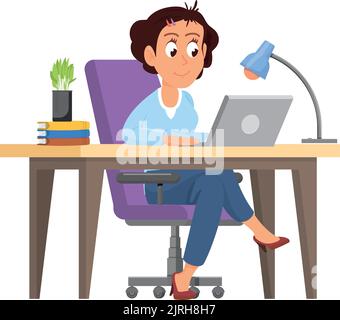 Frau, die am Büroarbeitsplatz sitzt und am Laptop arbeitet. Freiberuflicher Zeichentrickfilm Stock Vektor