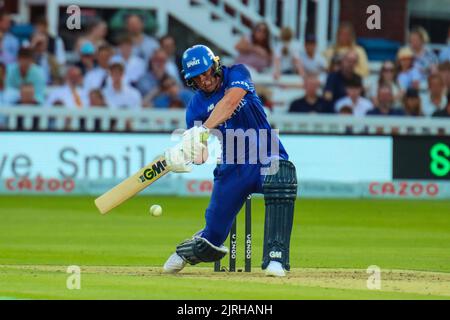 London, Großbritannien. 24. August 2022. Dan Lawrence (London Spirit) schlägt im Spiel zwischen London Spirit und Welsh Fire in den Hundert bei Lord's, London, England. (Foto: Claire Jeffrey/Sports Press Photo/C - EINE STUNDE DEADLINE - NUR FTP AKTIVIEREN, WENN BILDER WENIGER ALS EINE STUNDE ALT sind - Alamy) Quelle: SPP Sport Press Photo. /Alamy Live News Stockfoto