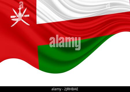 3D Abbildung der Flagge von Oman mit verchromtem Fahnenmast mit Karabinerhaken in blauem Himmel gerade. Weißer Hintergrund durch einen Alpha-Kanal von großer Präzision. Stockfoto