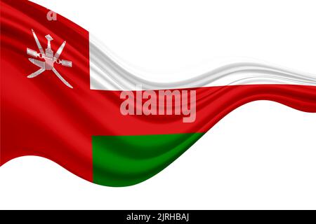 3D Abbildung der Flagge von Oman mit verchromtem Fahnenmast mit Karabinerhaken in blauem Himmel gerade. Weißer Hintergrund durch einen Alpha-Kanal von großer Präzision. Stockfoto