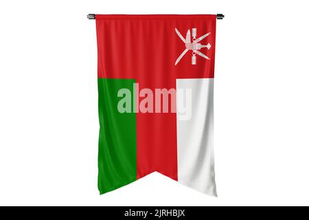 3D Abbildung der Flagge von Oman mit verchromtem Fahnenmast mit Karabinerhaken in blauem Himmel gerade. Weißer Hintergrund durch einen Alpha-Kanal von großer Präzision. Stockfoto