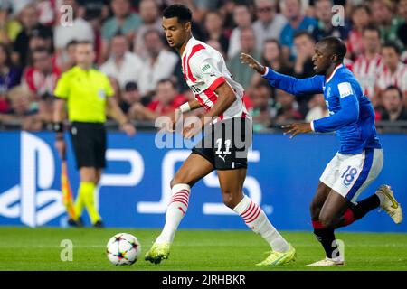 EINDHOVEN, NIEDERLANDE - 24. AUGUST: Cody Gakpo vom PSV während des UEFA Champions League Play-Off Second Leg-Spiels zwischen PSV und Rangers am 24. August 2022 im Philips Stadion in Eindhoven, Niederlande (Foto: Geert van Erven/Orange Picters) Stockfoto