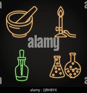 Neon Chemie Science-Ikone im Linienstil. Symbole für chemische Laborgeräte. Vektorgrafik. Stock Vektor