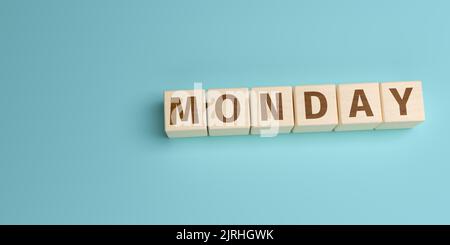 Das Wort Montag aus Buchstaben auf Holzwürfeln gebaut. High-Angle-Ansicht mit Kopierbereich Stockfoto