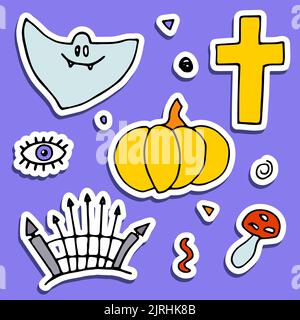 Doodle Halloween Aufkleber Set. Handgezeichneter Herbstkürbis, Grab, Geist, Kreuz, Auge auf violettem Hintergrund. Niedliches gruseliges Horror-Banner für Herbstferien, Da Stock Vektor