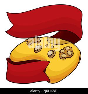Cartoon-Stil Design der goldenen Videospiel-Controller wie eine Trophäe, mit langen roten Bändern verziert. Stock Vektor