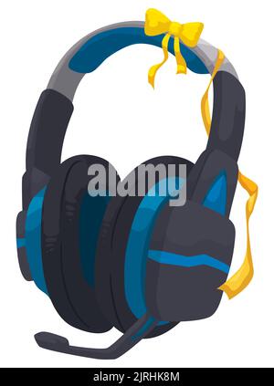 Blaue Gaming-Kopfhörer mit Mikrofon, verziert mit gelben Schleifen für ein fabelhaftes Geschenk. Stock Vektor