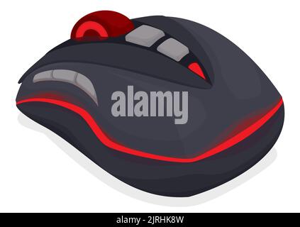 Ansicht der schwarzen Gaming-Maus mit seitlichen Tasten, Scroll-Funktion und roten LED-Leuchten, die sie beleuchten. Design isoliert im Cartoon-Stil. Stock Vektor