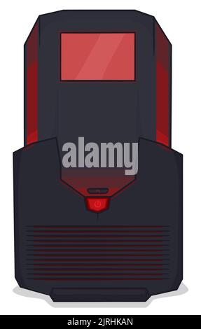 Gaming-Tower-Gehäuse mit roten Lichtern, digitalem Bildschirm, Start- und Reset-Taste. Design im Cartoon-Stil auf weißem Hintergrund. Stock Vektor
