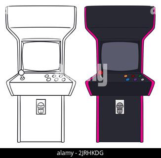 Skizze im Umriss-Stil und komplette Version Design eines Arcade-Videospiels in flachem Stil. Stock Vektor