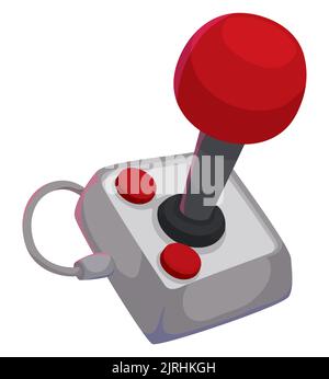 Retro-Controller mit rotem Joystick und zwei Tasten. Design im Cartoon-Stil. Stock Vektor