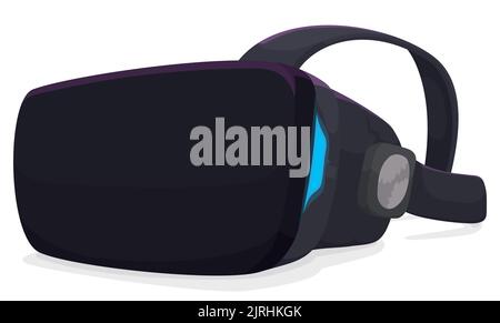 Design im Cartoon-Stil eines schwarzen Reality-Headsets mit blauen LED und Streifen, isoliert auf weißem Hintergrund. Stock Vektor
