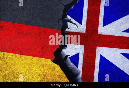 Großbritannien gegen Deutschland Konzeptflaggen an einer Wand mit einem Riss. Deutschland und Großbritannien politischer Konflikt, Kriegskrise, Wirtschaftsbeziehungen, Handelskonzept Stockfoto