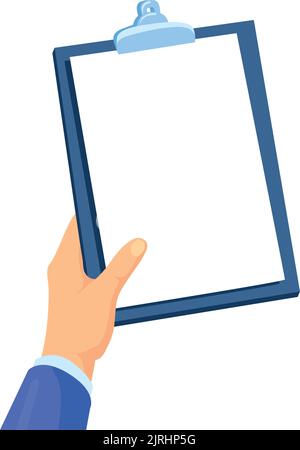 Papier in der Zwischenablage von Hand halten. Weißes Blatt isoliert auf weißem Hintergrund Stock Vektor