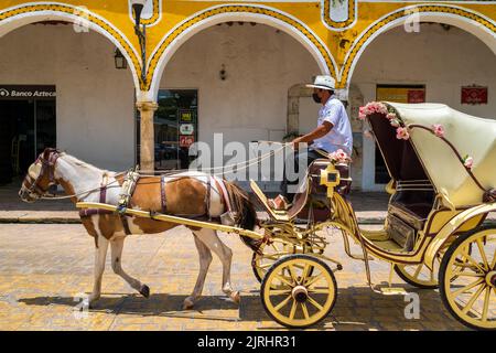 Pferdekutsche in der magischen Stadt Izamal in Yucatan, Mexiko Stockfoto