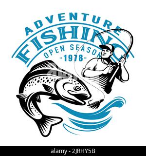 Fischer auf Angeltour fängt große Fische auf Spinnrute. Sportfischen, Outdoor-Aktivitäten Emblem Print Stock Vektor