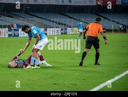 Kalkutta, Indien. 24. August 2022. ATK Mohun Bagan (ATKMB) und Mumbai City FC (MCFC) spielten am 24.. August 131. im SALT LAKE STADIUM (VYBK), Kalkutta, ein Unentschieden-Spiel der Gruppe B in 1-1. 2022.Liston Colaco erzielte für Mohun Bagan eine Halbzeit von 1., während Jorge Pereyra Diaz für den FC Mumbai City eine Halbzeit von 2. erzielte. (Foto von Amlan Biswas/Pacific Press) Quelle: Pacific Press Media Production Corp./Alamy Live News Stockfoto