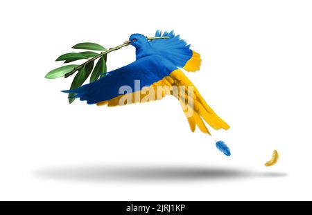 Symbol der ukrainischen Freiheit und der Frieden in der Ukraine als europäische Partnerschaft mit einer Taube in den Farben der Flagge mit einem Olivenzweig zum Ausdruck bringen. Stockfoto