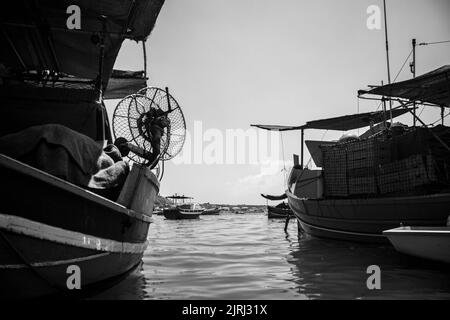 Eine Graustufenaufnahme von Booten auf einem Hafen Stockfoto