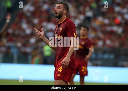 Rom, Italien. 22. August 2022. Bryan Cristante (Roma) reagiert während des Serie A-Spiels zwischen AS Roma und US Cremonese im Stadio Olimpico am 22 2022. August in Rom, Italien. (Bild: © Giuseppe Fama/Pacific Press via ZUMA Press Wire) Stockfoto