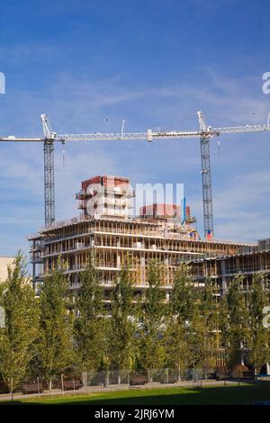 Bauarbeiten Krane über unvollendetem CHUM Krankenhaus Gebäude, Montreal, Quebec, Kanada. Stockfoto