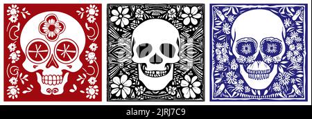 Totenköpfe mit Blumen Hintergrund Kollektion. Minimalistische Linienkunst Stock Vektor