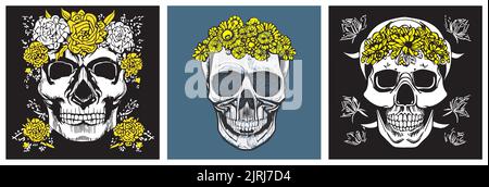 Totenköpfe mit Blumen Hintergrund Kollektion. Minimalistische Linienkunst Stock Vektor
