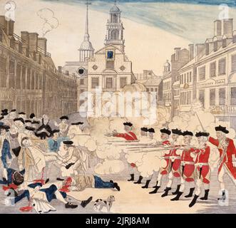 Das Massaker von Boston (in Großbritannien als Vorfall in der King Street bekannt) war eine Konfrontation in Boston am 5. März 1770, Bei der eine Gruppe von neun britischen Soldaten fünf Personen aus einer Gruppe von drei- oder vierhundert Personen schoss, die sie verbal missbündeten und verschiedene Raketen warfen Stockfoto