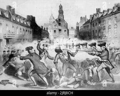 Das Massaker von Boston (in Großbritannien als Vorfall in der King Street bekannt) war eine Konfrontation in Boston am 5. März 1770, Bei der eine Gruppe von neun britischen Soldaten fünf Personen aus einer Gruppe von drei- oder vierhundert Personen schoss, die sie verbal missbündeten und verschiedene Raketen warfen Stockfoto