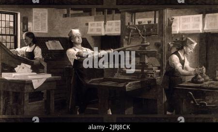 Benjamin Franklin (Mitte) bei der Arbeit an einer Druckmaschine. Dies ist eine Reproduktion eines Charles Mills-Gemäldes der Detroit Publishing Company.