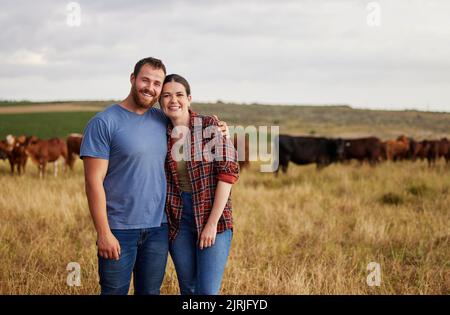 Bauernpaar, das in einem Kuhbetrieb auf dem Land für die Fleisch-, Rindfleisch- und Rinderlebensmittelindustrie in den Bereichen Nachhaltigkeit, Landwirtschaft und Umwelt arbeitet Stockfoto