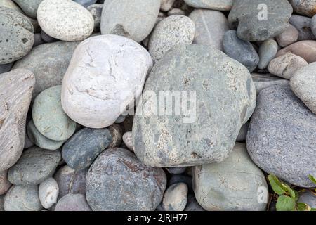 Große Steine in verschiedenen Formen am Flussufer aus der Nähe. In der Nähe gibt es viele kleine Steine. Stockfoto