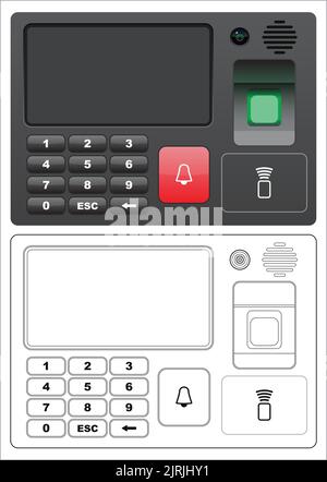 Mehrschichtige, editierbare Vektordarstellung des Zutrittskontrollsystems, mit LCD-Bildschirm, Passworteingabe, Fingerabdruck-Scannen, Kartenleser, Gesichtserkennungs-Cam Stock Vektor