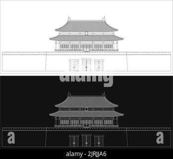 Bearbeitbare Vektordarstellung mit mehreren Ebenen, Umriss des traditionellen königlichen Palastes in China. Stock Vektor