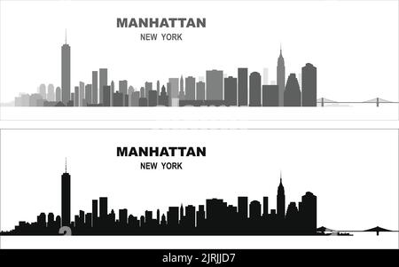 Geschichtete editierbare Vektordarstellung Silhouette von Manhattan, New York City, USA, jedes Gebäude ist auf einer separaten Ebene. Stock Vektor