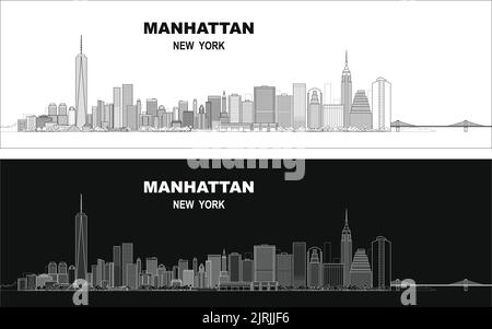 Mehrschichtige, bearbeitbare Vektordarstellung Skyline von Manhattan, New York City, USA, jedes Gebäude befindet sich auf einer separaten Ebene. Stock Vektor